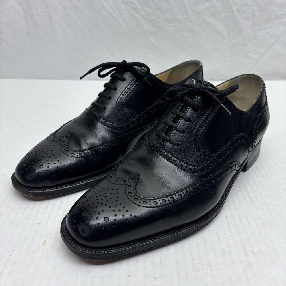 Tanino Crisci Classic Black Men's Wingtip Oxford Dress Shoes, men’s SZ 7.5